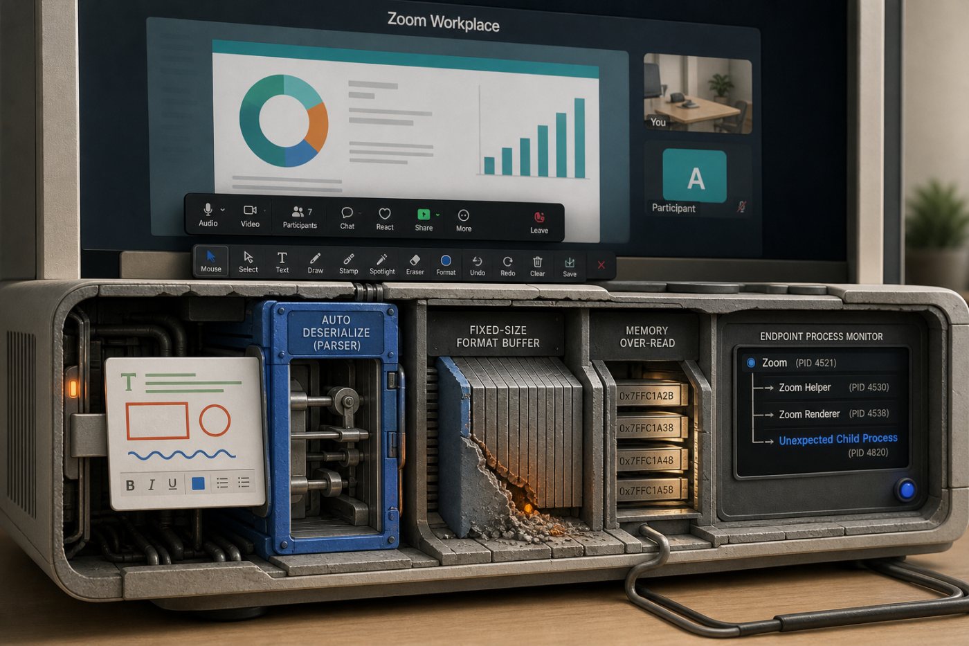 Zoom Workplace automatically processes annotation data during a live call, leading to unexpected code execution without an attendee click.