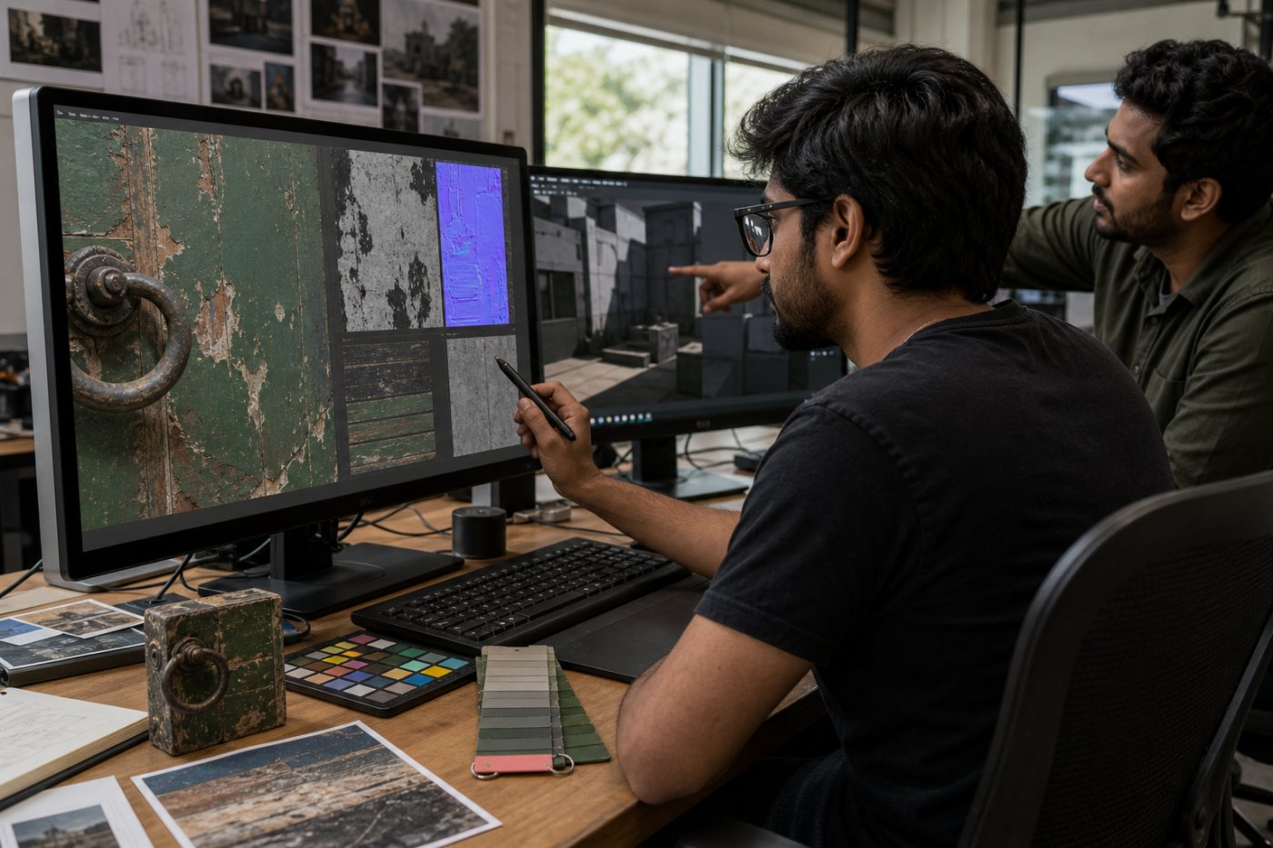 Electronic Arts के उत्पादन कार्यप्रवाह में Stability AI से बनावट और त्रि-आयामी गेम परिवेश विकसित करने की प्रक्रिया।