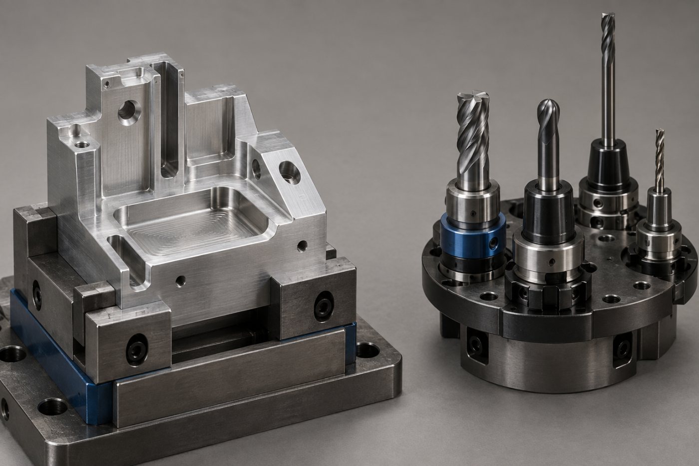 A clamped CNC workpiece and assembled cutters illustrate the tools, directions and operations selected in a CAM Assist first pass.