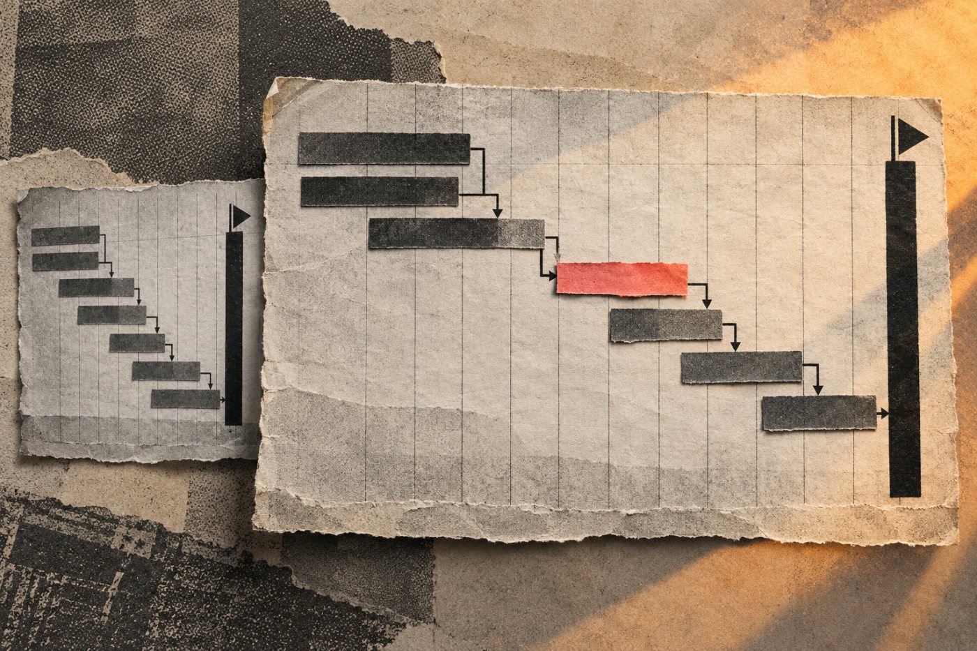 A task delay moves dependent work toward a project deadline while the baseline stays fixed.