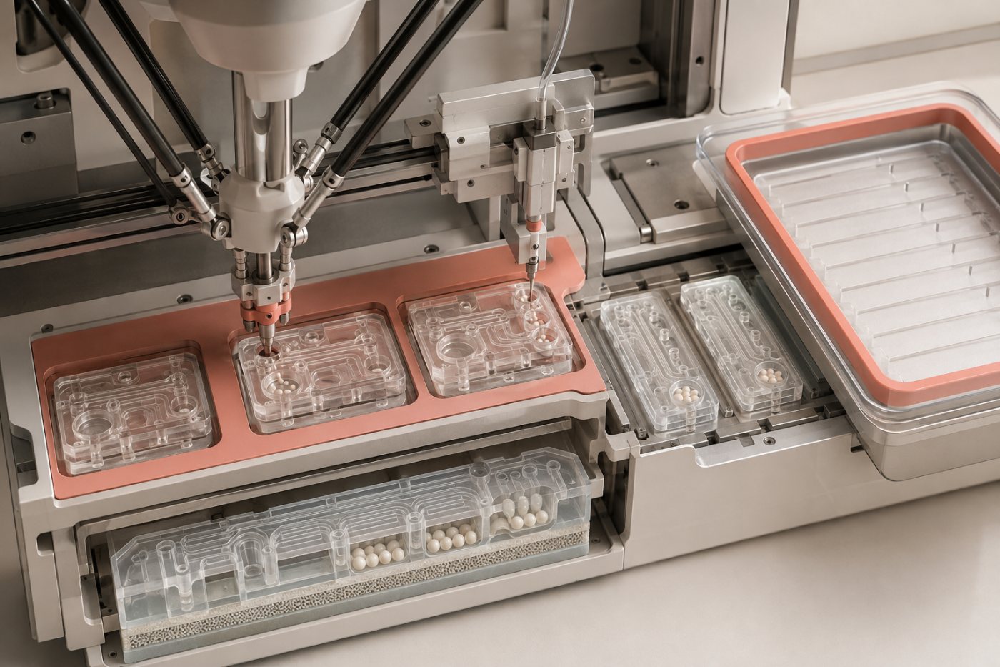 Linha automatizada da Doroth monta chips microfluídicos com reagentes liofilizados para ampliar a produção de diagnósticos moleculares.
