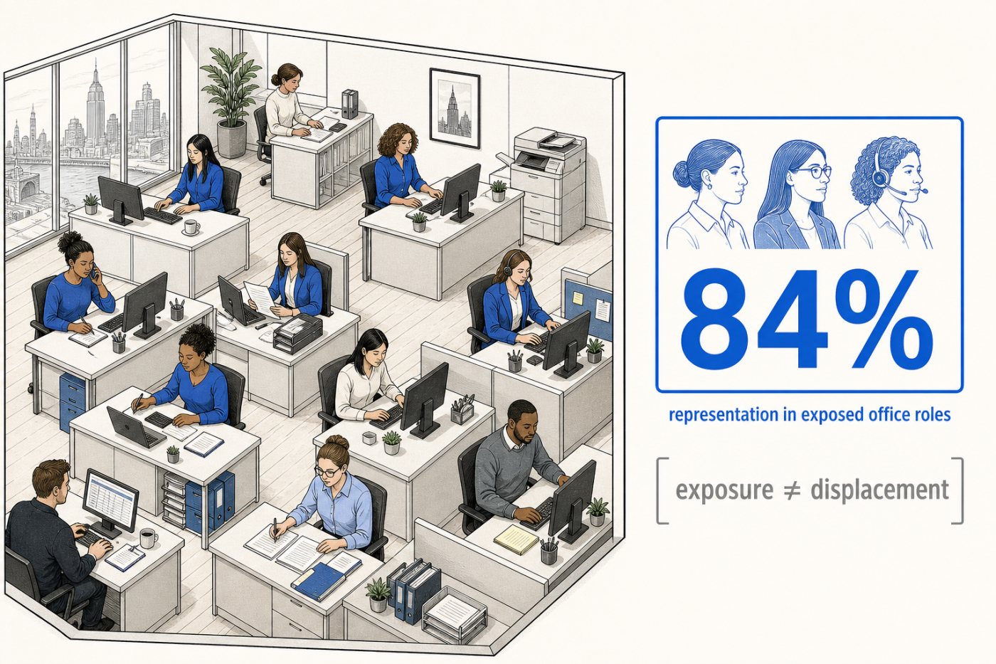 Women form most of the highlighted office workforce, while occupational exposure remains distinct from job loss.