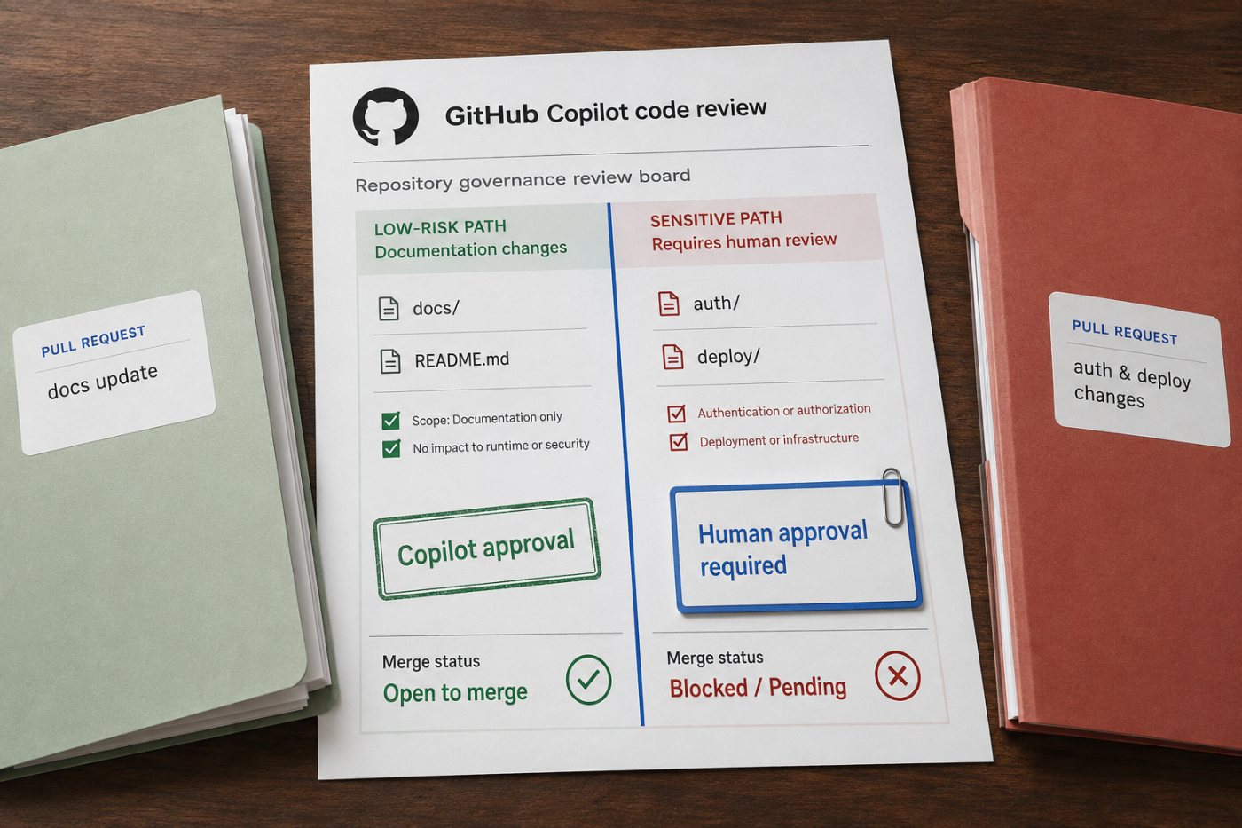 Path-level policy permits Copilot approval for low-risk files while sensitive code still requires independent human approval.