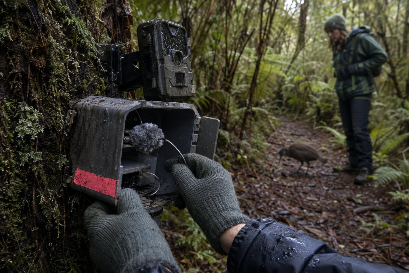 Equipe verifica gravações bioacústicas e câmeras com IA para validar a detecção de biodiversidade em campo.