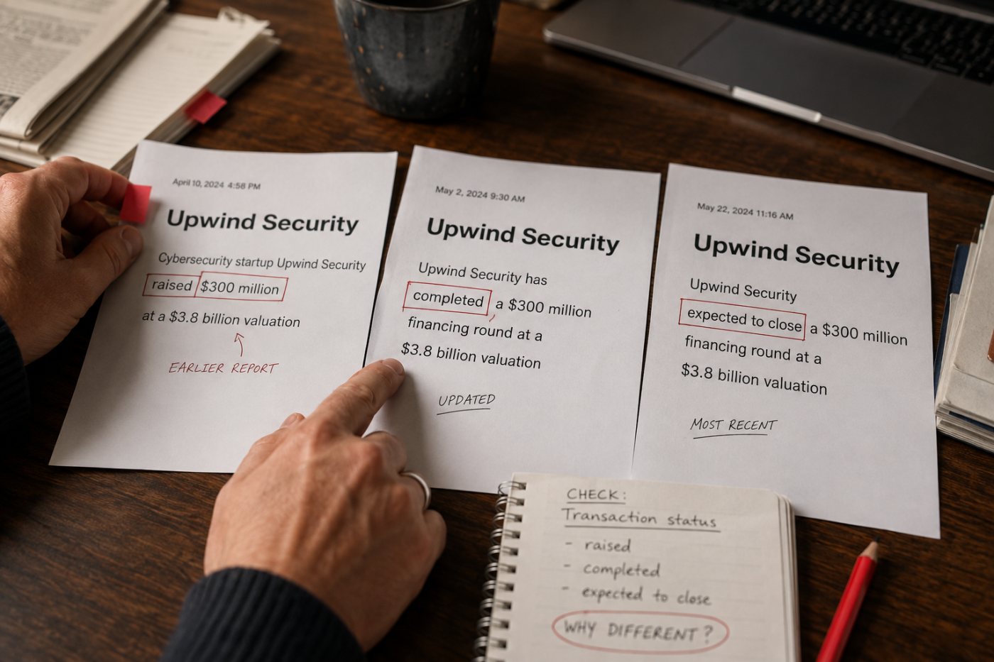 Upwind Securityの3億ドル調達について、3媒体で一致する条件と異なる完了時制