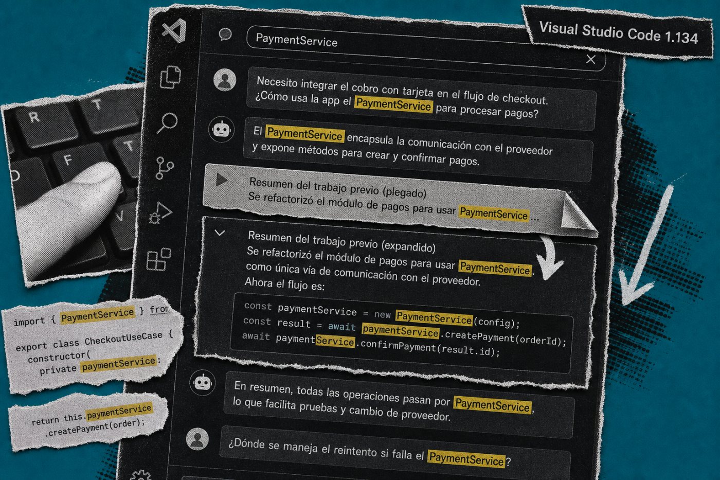 La búsqueda completa de VS Code 1.134 localiza un término dentro de un resumen contraído de la conversación.