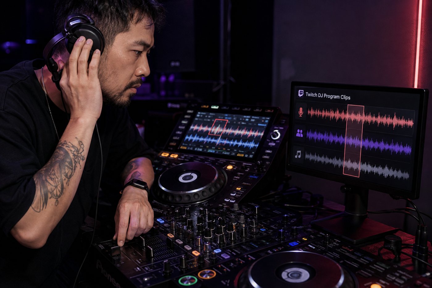 DJ가 원본 세트와 생성된 Twitch 클립을 비교해 음악 오디오 상태를 확인하는 과정