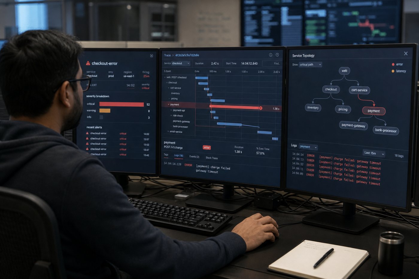 Firing alert থেকে matching trace ও service dependency যাচাইয়ের incident flow
