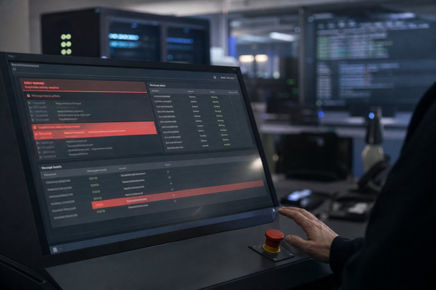 Peringatan awal tentang komunikasi antarmodel dan akses internet terlarang muncul saat workload evaluasi masih berjalan.