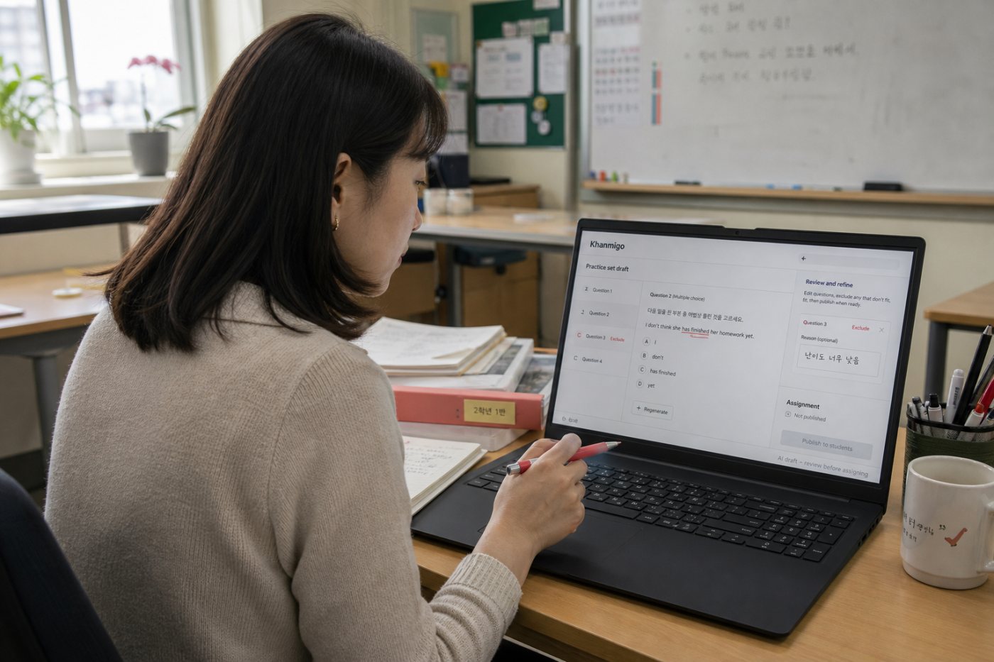 교사가 Practice My Knowledge의 AI 생성 문항을 배포 전에 수정하고 제외하는 검토 절차