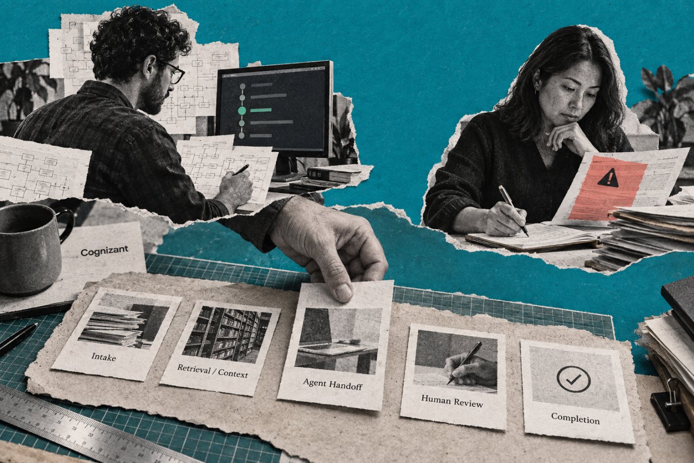 Frontier Engineer entwickelt einen KI-Agenten-Workflow, während ein Business Operator Ausnahmen und menschliche Entscheidungen steuert.