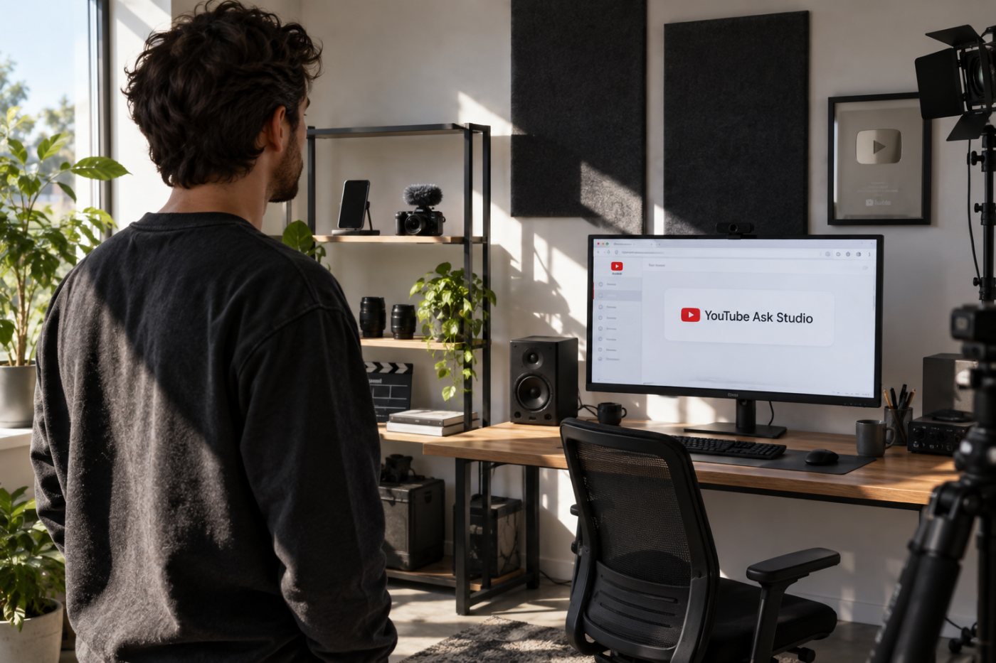 কম্পিউটার web browser-এ YouTube Studio-এর Ask Studio access, পাশে আলাদা mobile production equipment