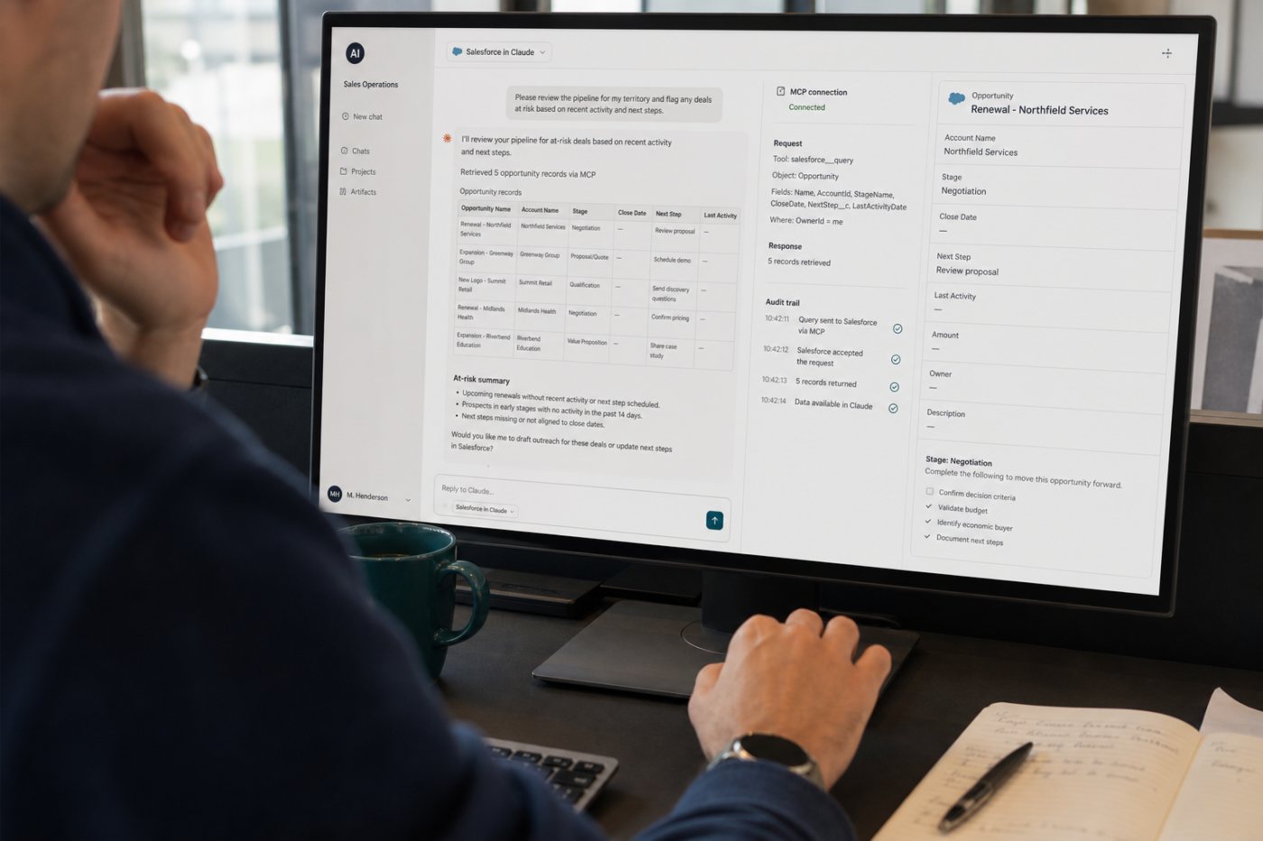 Salesforce in Claude, izin verilen fırsat kayıtlarını MCP bağlantısıyla alıp satış hattı incelemesine dönüştürüyor.