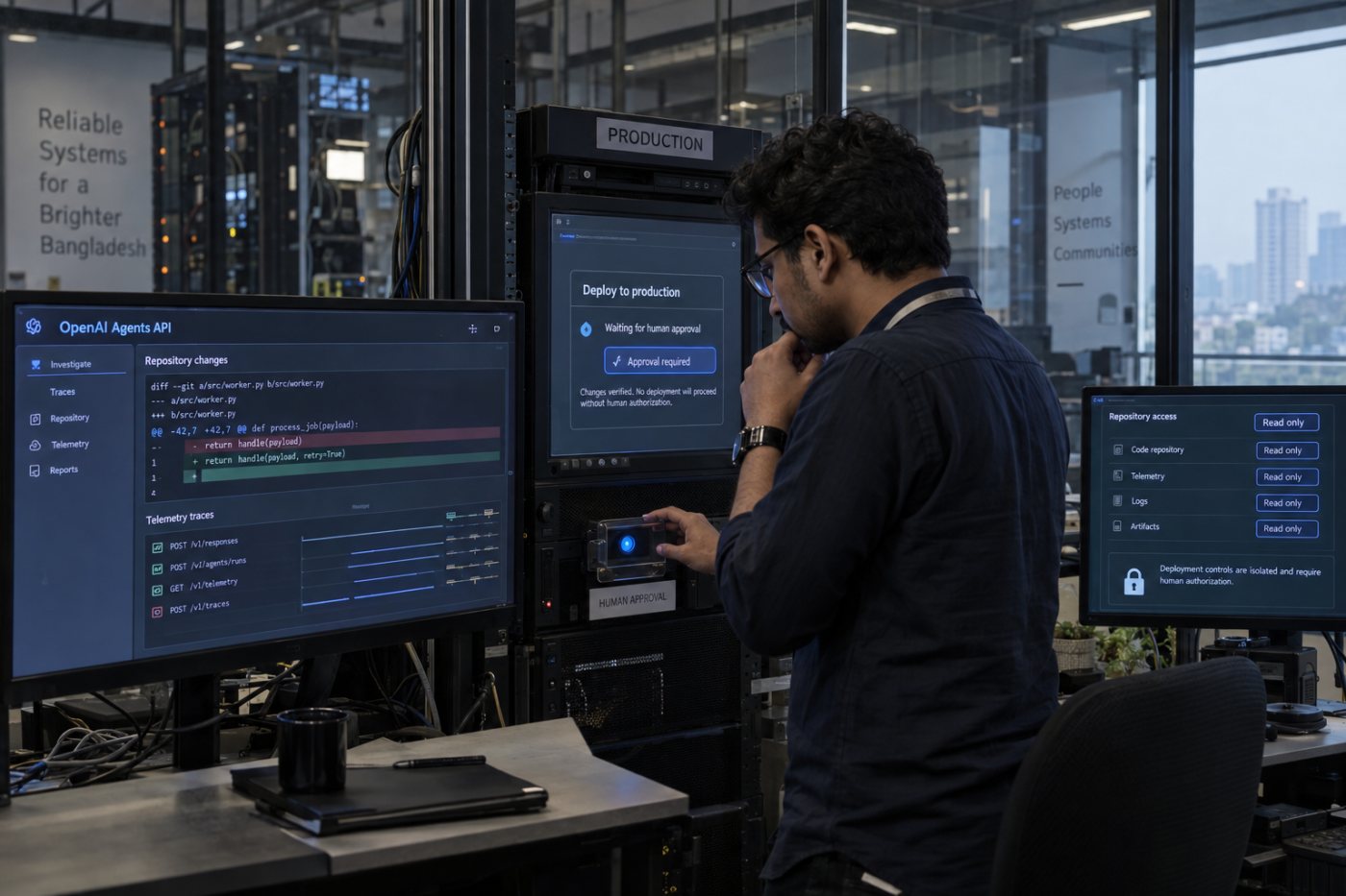 Managed harness তদন্ত চালালেও repository, telemetry ও deployment-এর অনুমতি application owner নিয়ন্ত্রণ করছে