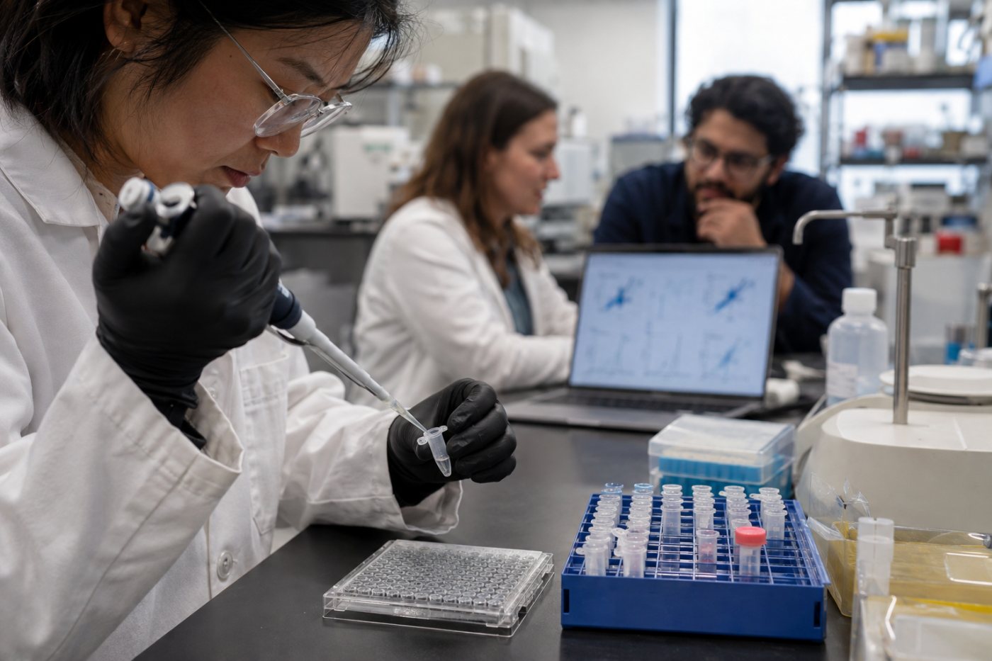 AI BioDesign researchers use pooled biological testing and sequencing results to guide the next model-training round.