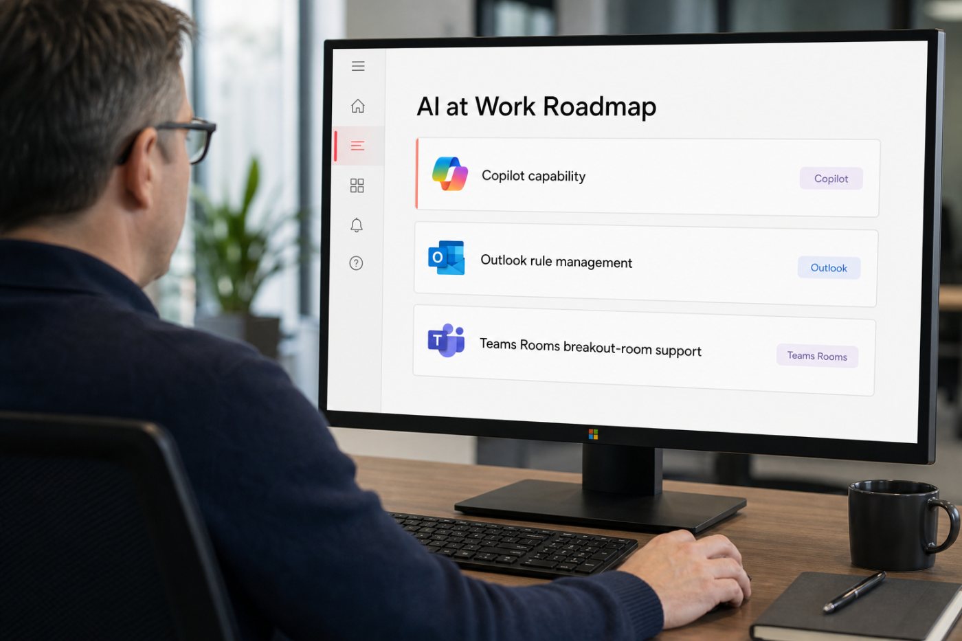 Des fonctions classiques d’Outlook et de Teams figurent aux côtés de capacités Copilot dans l’AI at Work Roadmap.