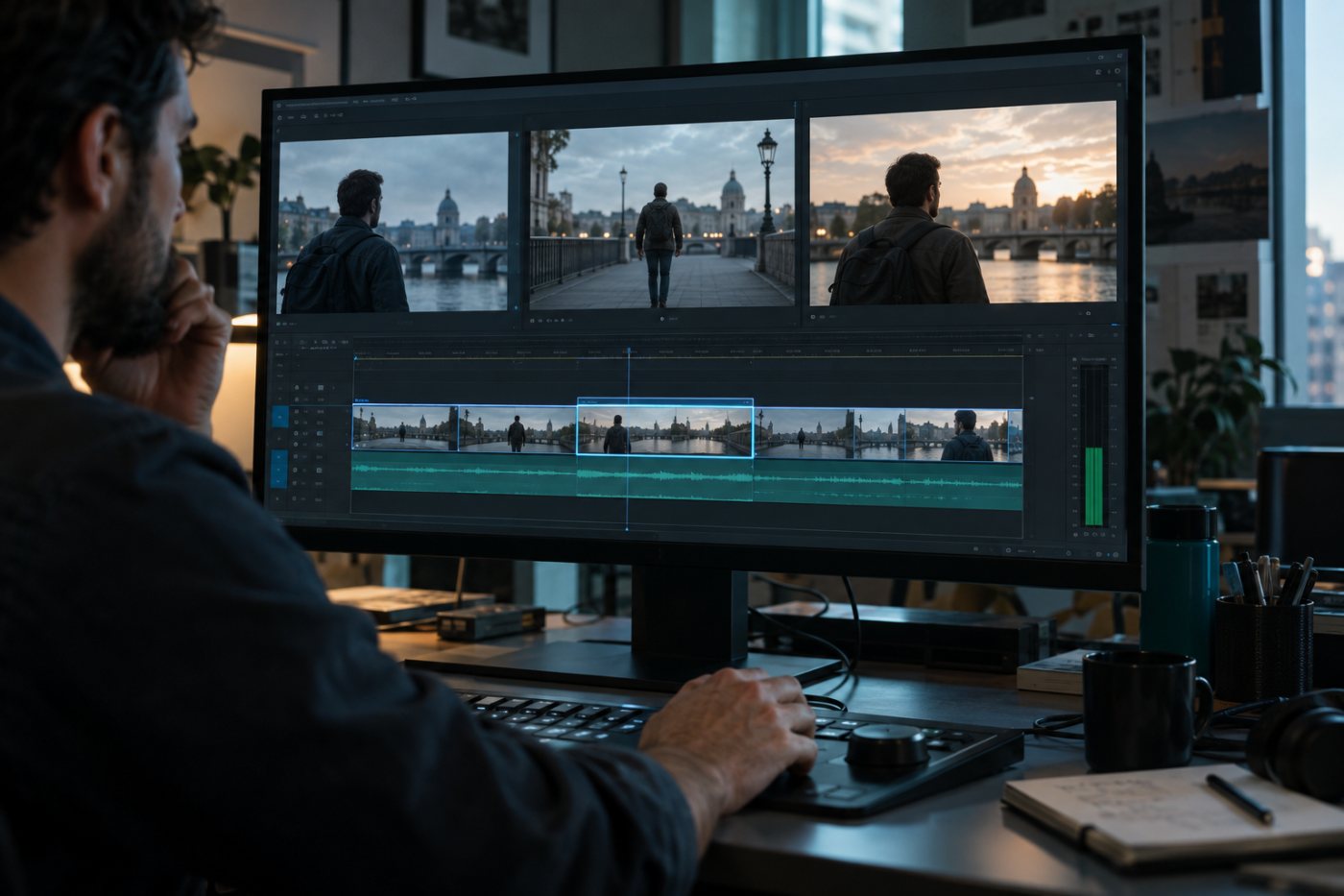 Sequence reference frames guide a generated bridge shot for continuity review.