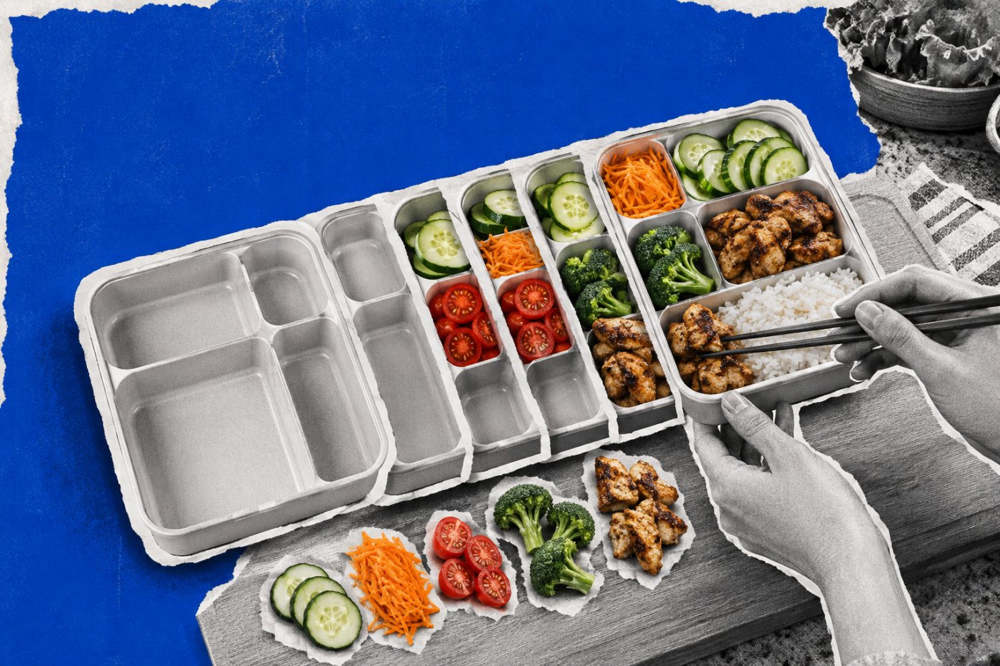 Пустой контейнер последовательно заполняется равномерно нарезанными продуктами и превращается в готовый обед