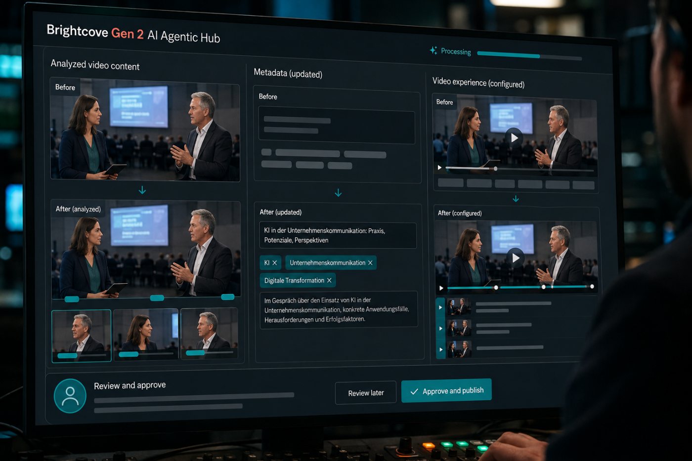 Der Brightcove AI Agentic Hub analysiert Videodaten und koordiniert Änderungen an Metadaten und Videoerlebnis.