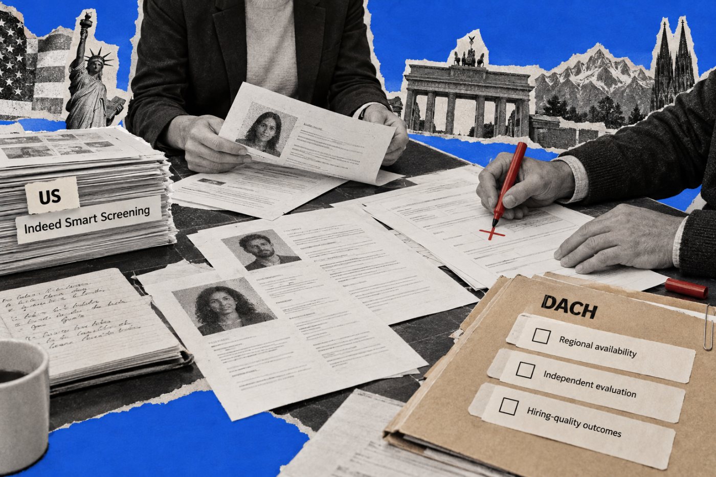 Ein DACH-Prüfprozess vergleicht Bewerbungen mit Smart-Screening-Bewertungen und markiert fehlende regionale Wirksamkeitsdaten.