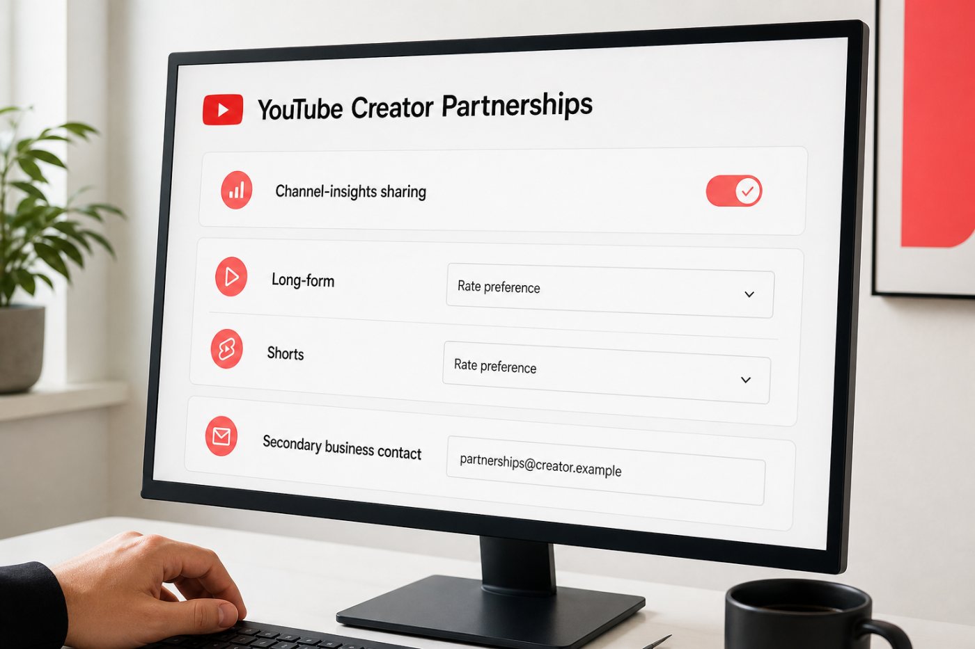 Creator configuring channel-insight sharing, partnership rate preferences and a business contact in YouTube Creator Partnerships.