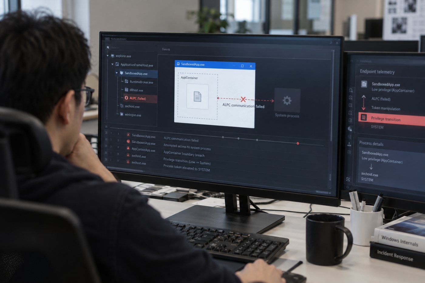 AppContainer 내부 코드가 ALPC 결함으로 격리 경계를 벗어나 SYSTEM 권한으로 상승한 결과