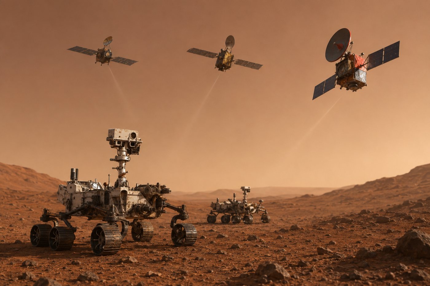 Mars Odyssey ve Mars Reconnaissance Orbiter’ın yüzey araçlarına röle desteği verdiği mevcut Mars iletişim düzeni
