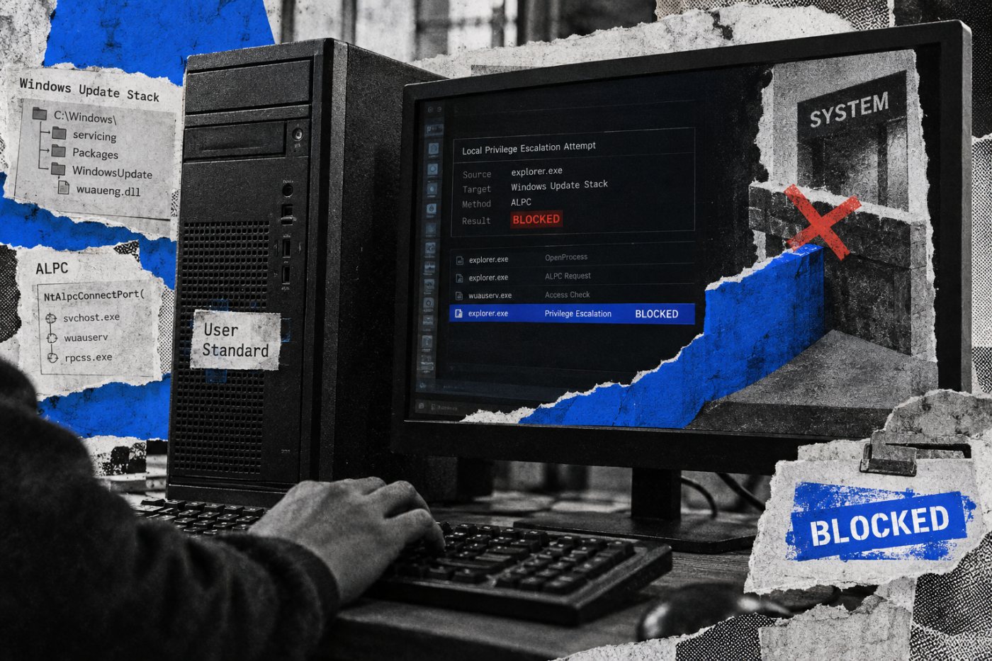 Upaya eskalasi dari akses lokal terbatas menuju SYSTEM melalui komponen dasar Windows setelah dua zero-day teridentifikasi.