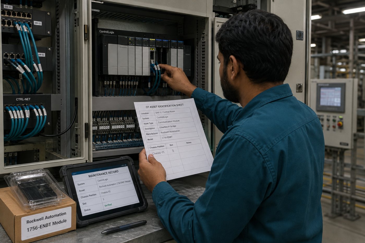 OT ٹیم 1756-ENBT کو chassis، network رابطوں اور replacement window کے ساتھ درج کر رہی ہے