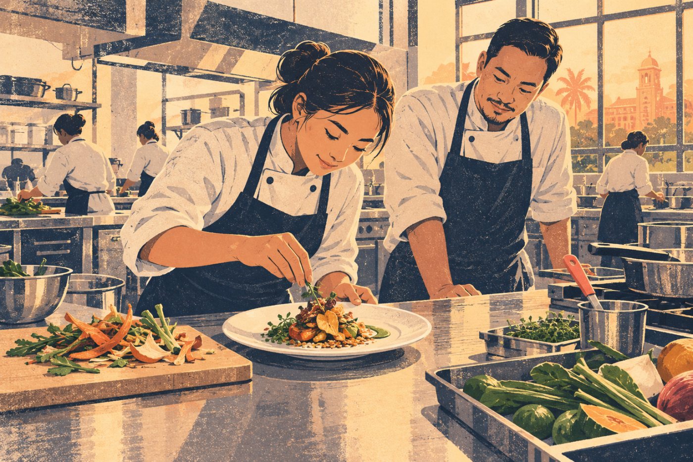 Mag-aaral na nagpapakita ng praktikal na kasanayan sa culinary sustainability, isang larangang saklaw ng kinilalang micro-credentials ng CHED.