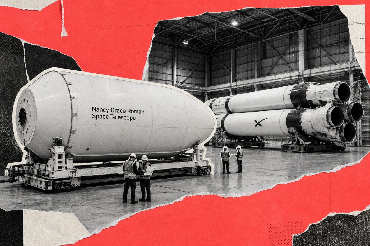 Roman encapsulado permanece separado do Falcon Heavy durante a preparação para o acoplamento no hangar.