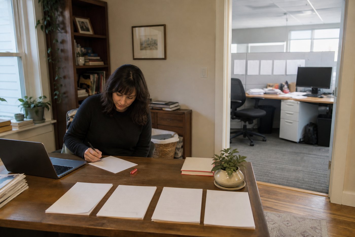 A hybrid worker records hourly energy as researchers compare goal progress on home and office days.