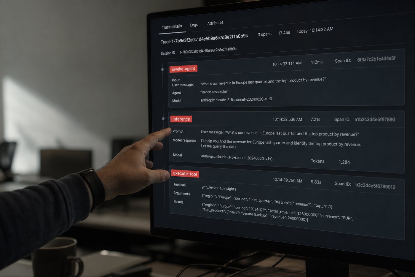 AgentCore Evaluations reconstructs a user turn from invoke-agent, inference and execute-tool telemetry records.