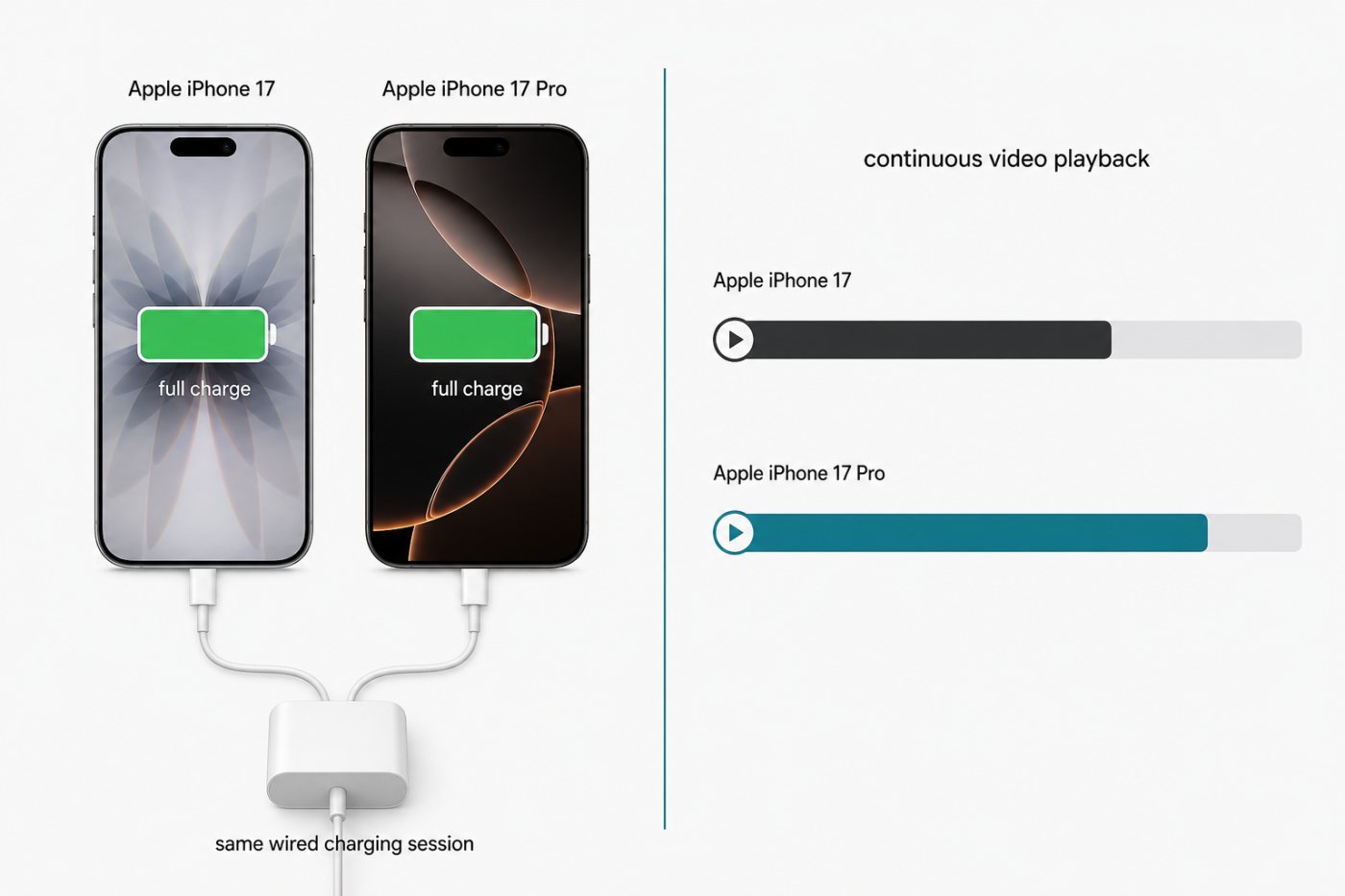 iPhone 17 and iPhone 17 Pro finish wired charging together, while the Pro delivers a modestly longer tested video runtime.
