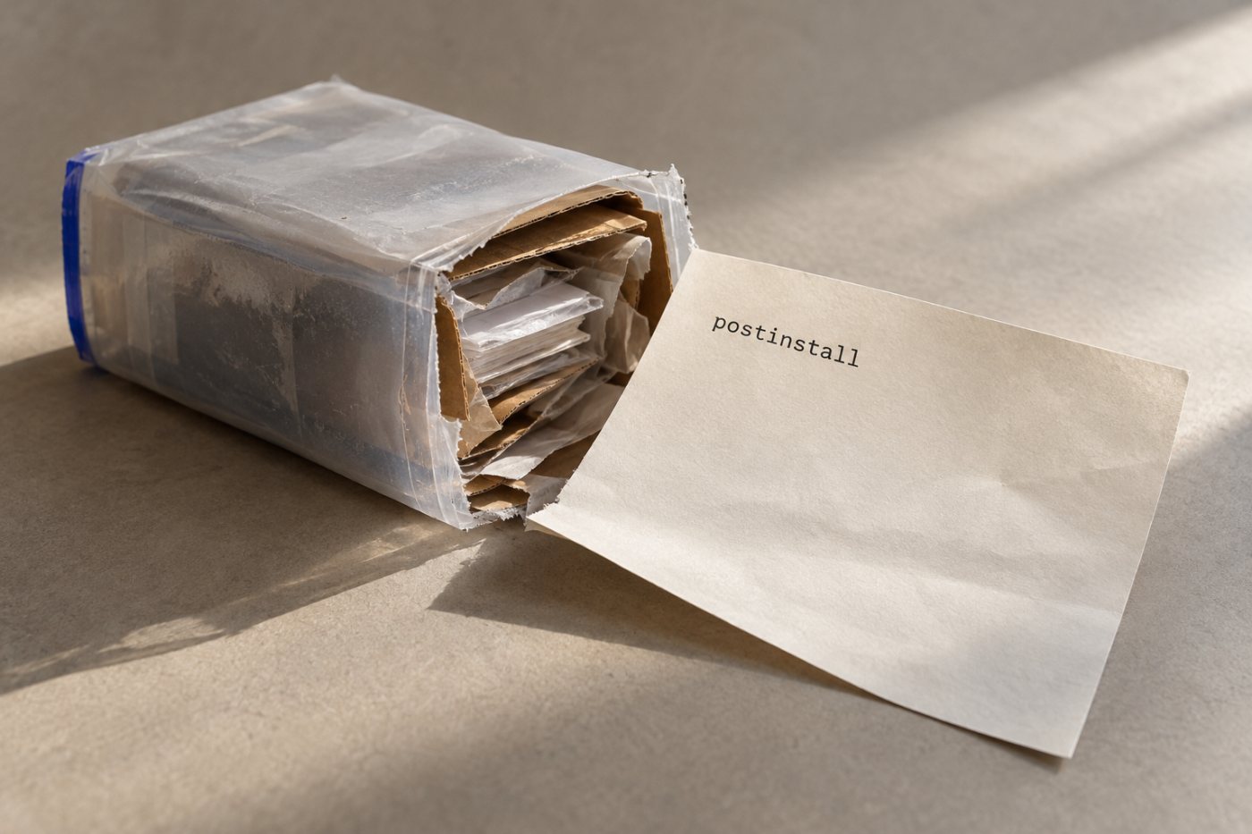 Преглед архиве npm пакета открива ставку postinstall у манифесту package.json пре одобравања зависности.