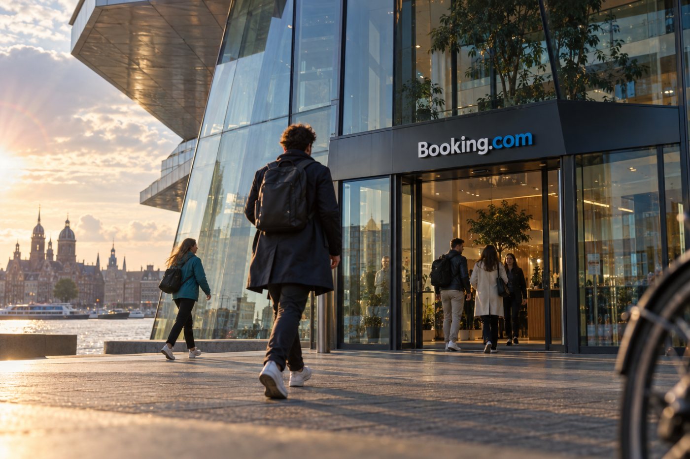 Medewerkers komen aan in het hoofdkantoor van Booking.com in Amsterdam, waar een vrijwillige richtlijn mogelijk een verplichte kantoornorm wordt.