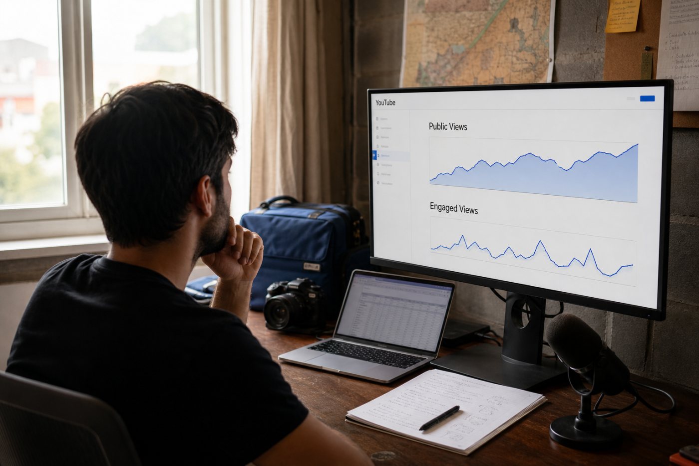 YouTube Analytics separates first-frame Public Views from continued-watching Engaged Views.