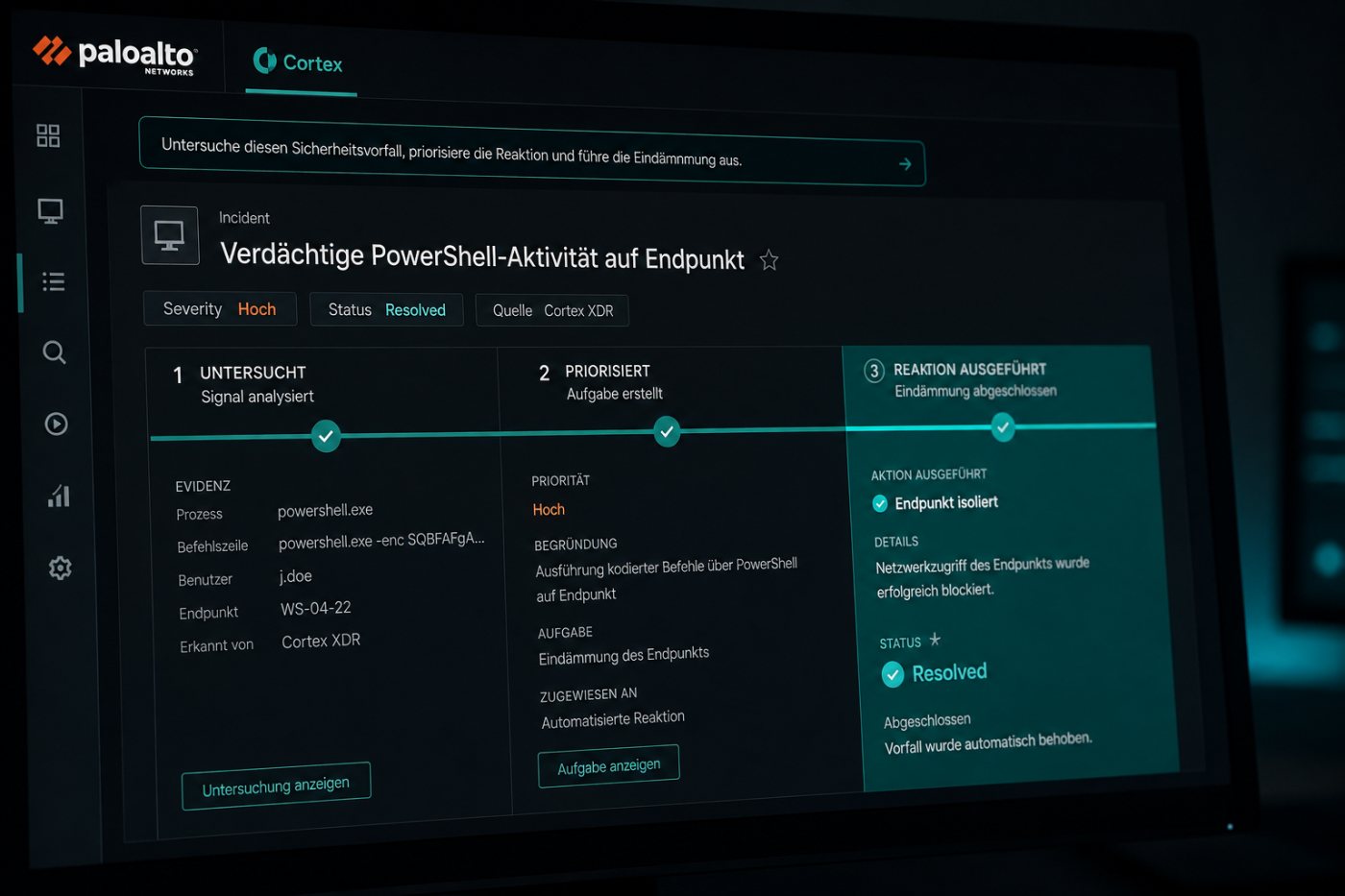 Console verarbeitet in Cortex eine Anweisung von der Untersuchung bis zur ausgeführten Sicherheitsmaßnahme