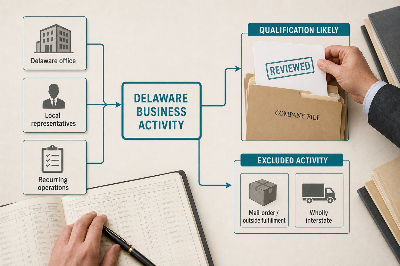 A corporation’s Delaware offices, representatives and recurring operations are reviewed to determine whether foreign qualification is required.