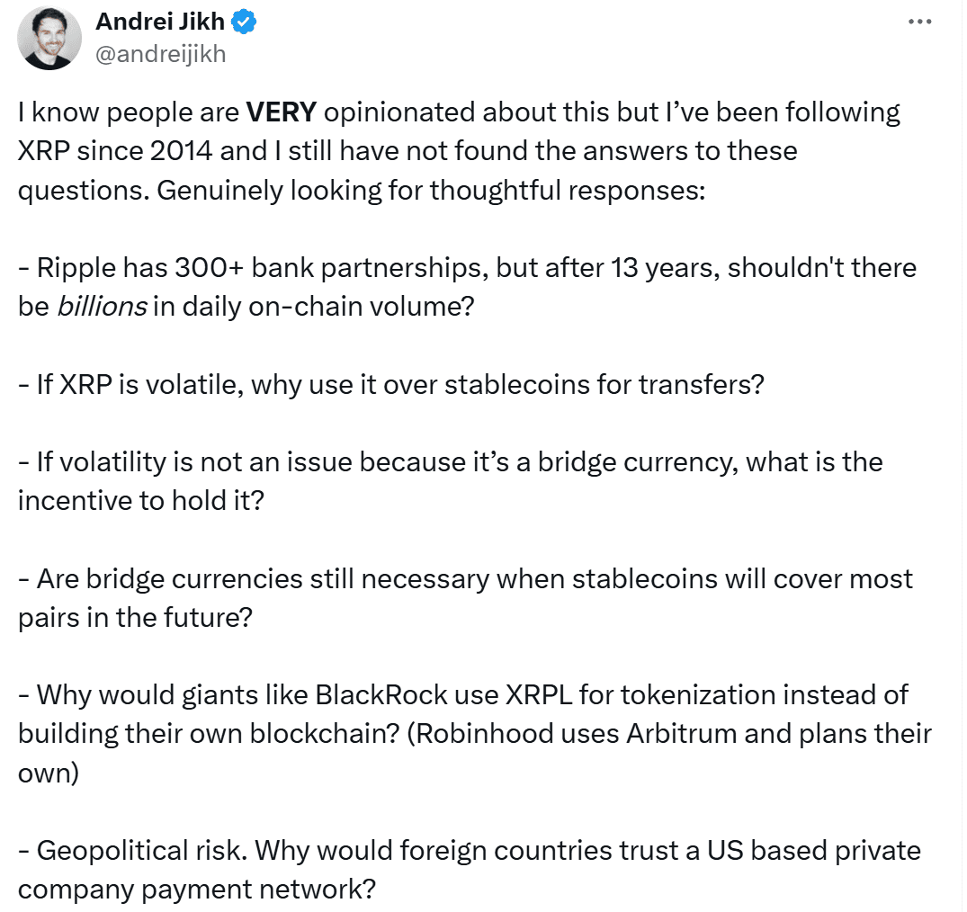 #XRP: Popular Blogger Andrei Jikh Challenges the Ripple Community