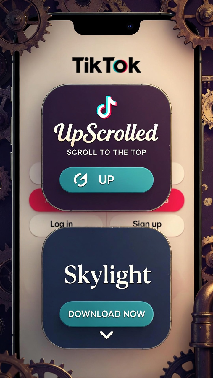 The UpScrolled and Skylight interfaces feature a steampunk design and a vertical layout.