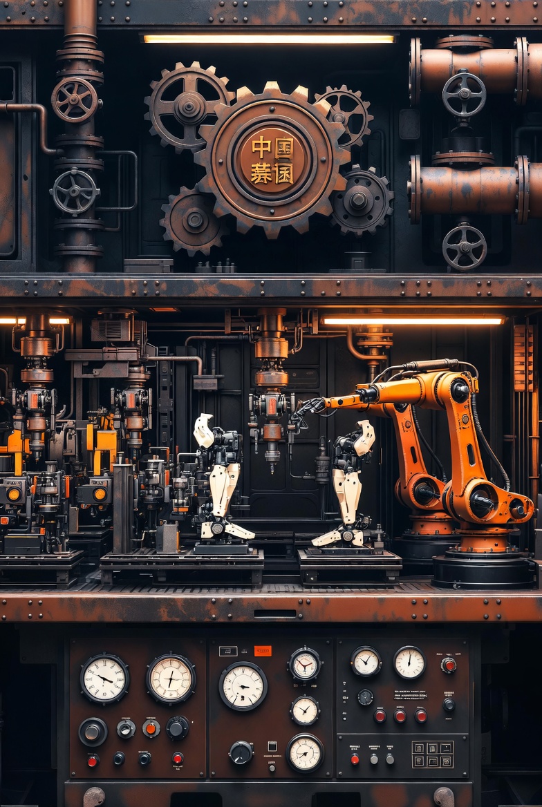 Drawing of industrial robots in steampunk style.