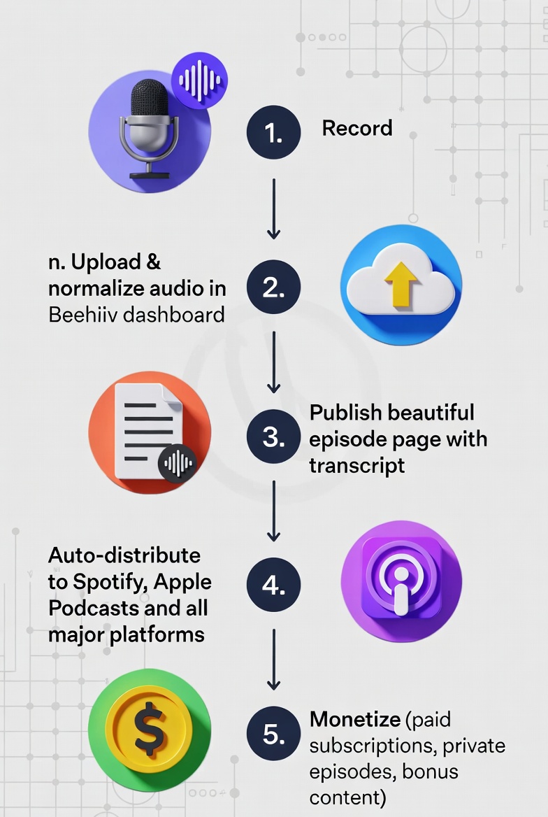 Beehiiv Launches Native Podcast Hosting: Creators Can Now Record, Publish, Distribute, and Monetize Audio All in One Platform