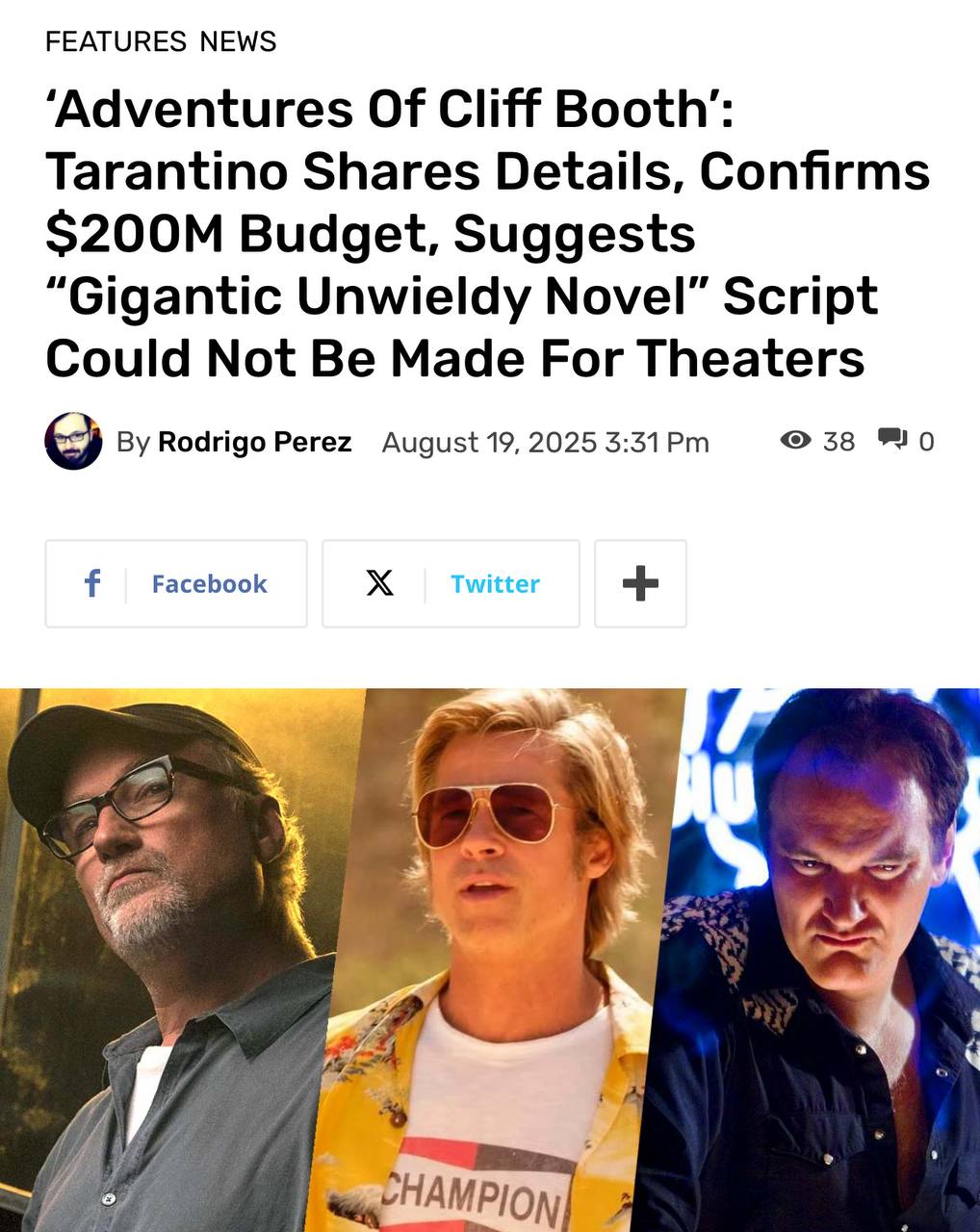 Quentin Tarantino Unveils Details on New Film The Adventures of Cliff Booth Starring Brad Pitt