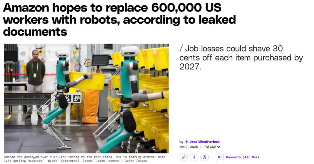 Amazon Plans to Replace 600,000 U.S. Workers with Robots, Signaling a Massive Economic Shift