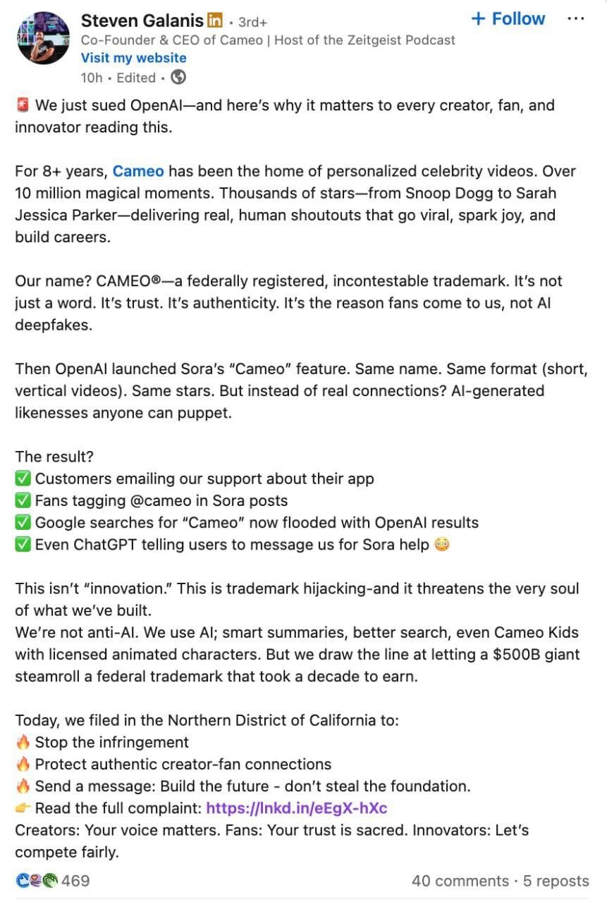 Cameo Sues OpenAI: Trademark Tussle Over AI "Cameos" Threatens Celebrity Video Empire