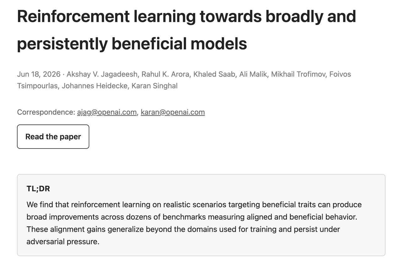 OpenAI's New Research: Reinforcement Learning for Broadly and Persistently Beneficial AI Models