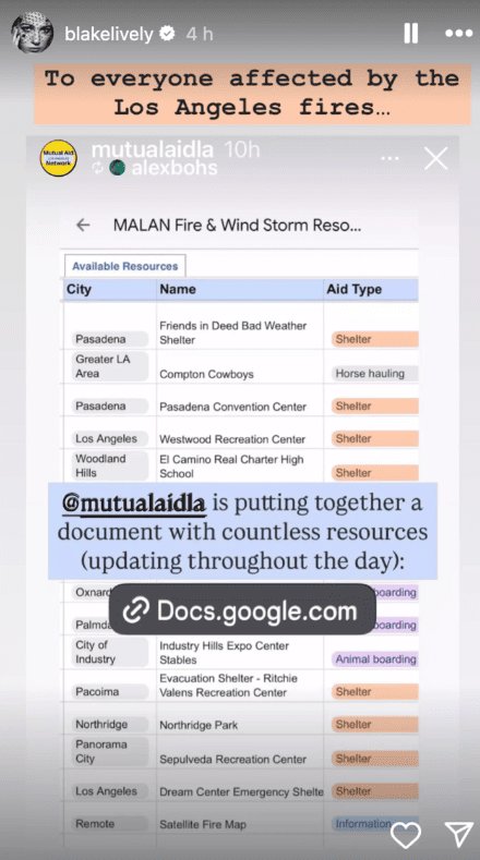 Lively's post shared information about aid (Instagram/@blakelively)
