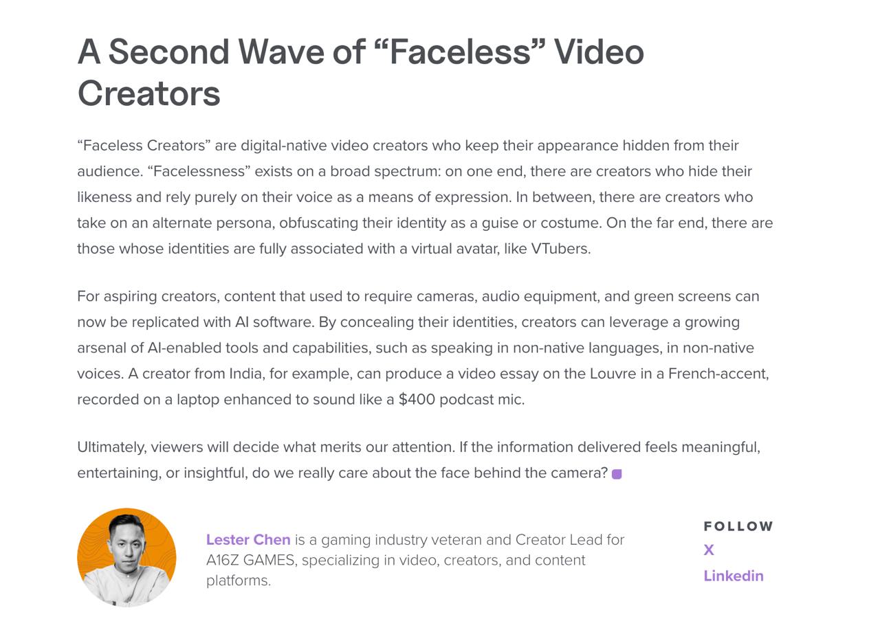 a16z Predicts a Second Wave of Faceless Creators in 2025