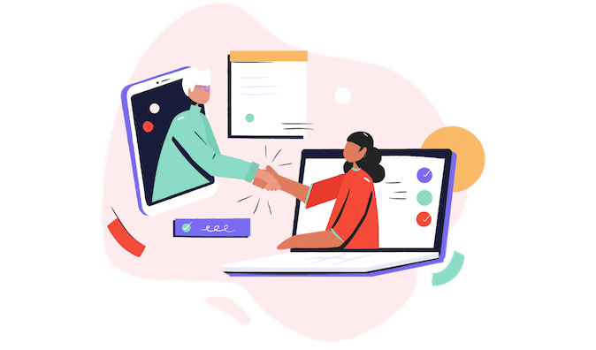 Женщина-взрослая работает за ПК, смотрит на монитор с лицом на экране.